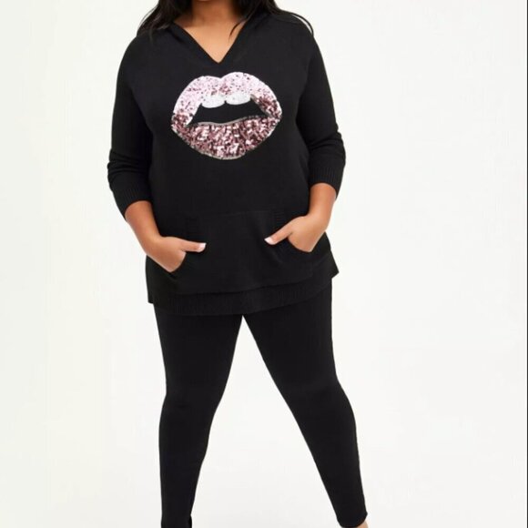 Torrid  Breast Cancer Awareness Raglan Hoodie Sweater  Luxe Cozy Sequined Lips - Picture 3 of 12